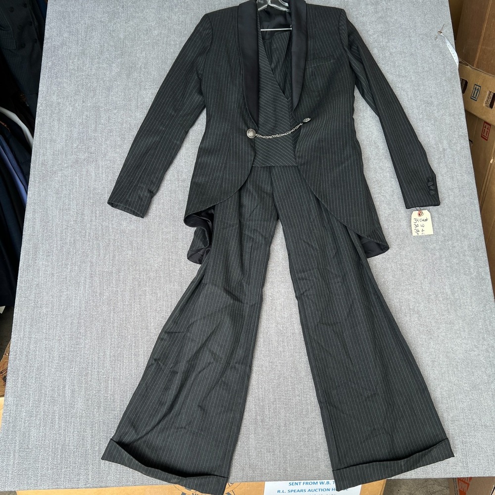 Womens 3-Piece Blazer Vest & Pants Set 34 30x36 Black Pinstripe Luxury Designer